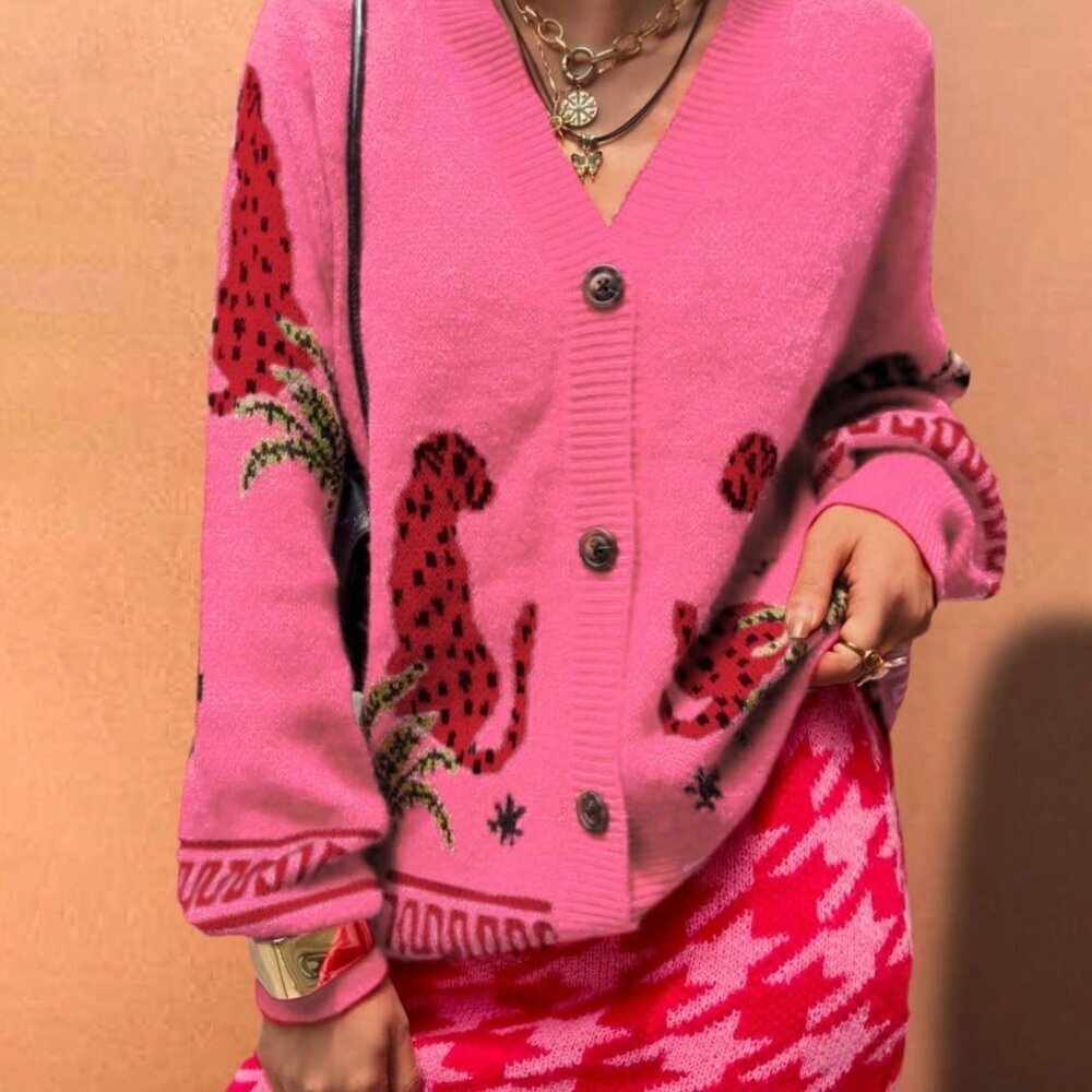 Pink Casual Women's Starfish Hat & Leopard Jacquard Cardigan - Picture 6 of 6